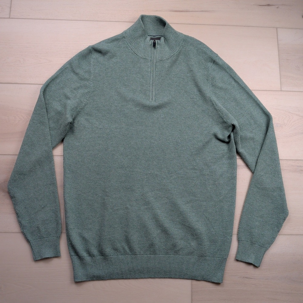 Mack Weldon Tech Linen Blend 1/4 Zip Sweater Mens Large Sage Green Waffle Knit